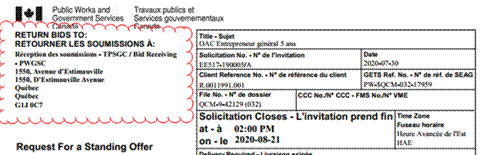 Titre : Cover page: Graphic in red added - Description : Cover page of Request for a Standing Offer with a mailing address for submitting bids